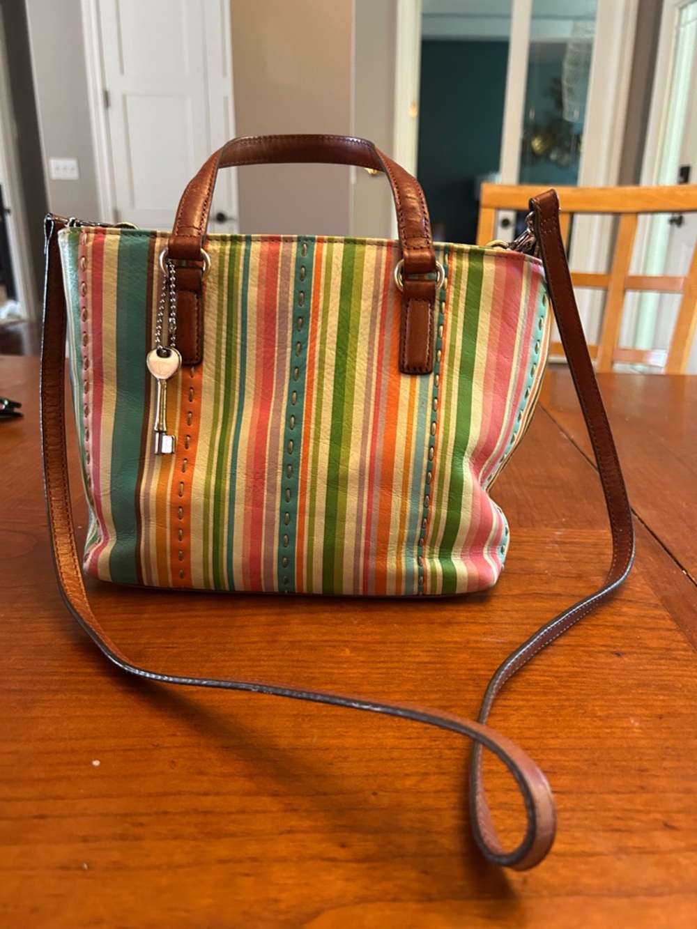 Fossil Genuine Leather Multi-colored Vertically Striped Satchel Handbag …